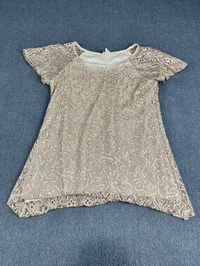 Brittany Black Womens Beige Lace Sequin Short Sleeve Top M